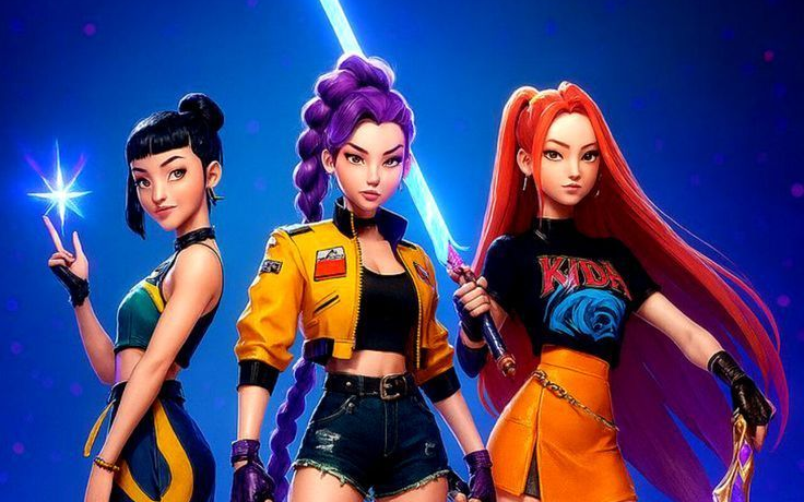 Three stylized characters with distinct hair colors stand against a blue background; one holds a glowing light blade.