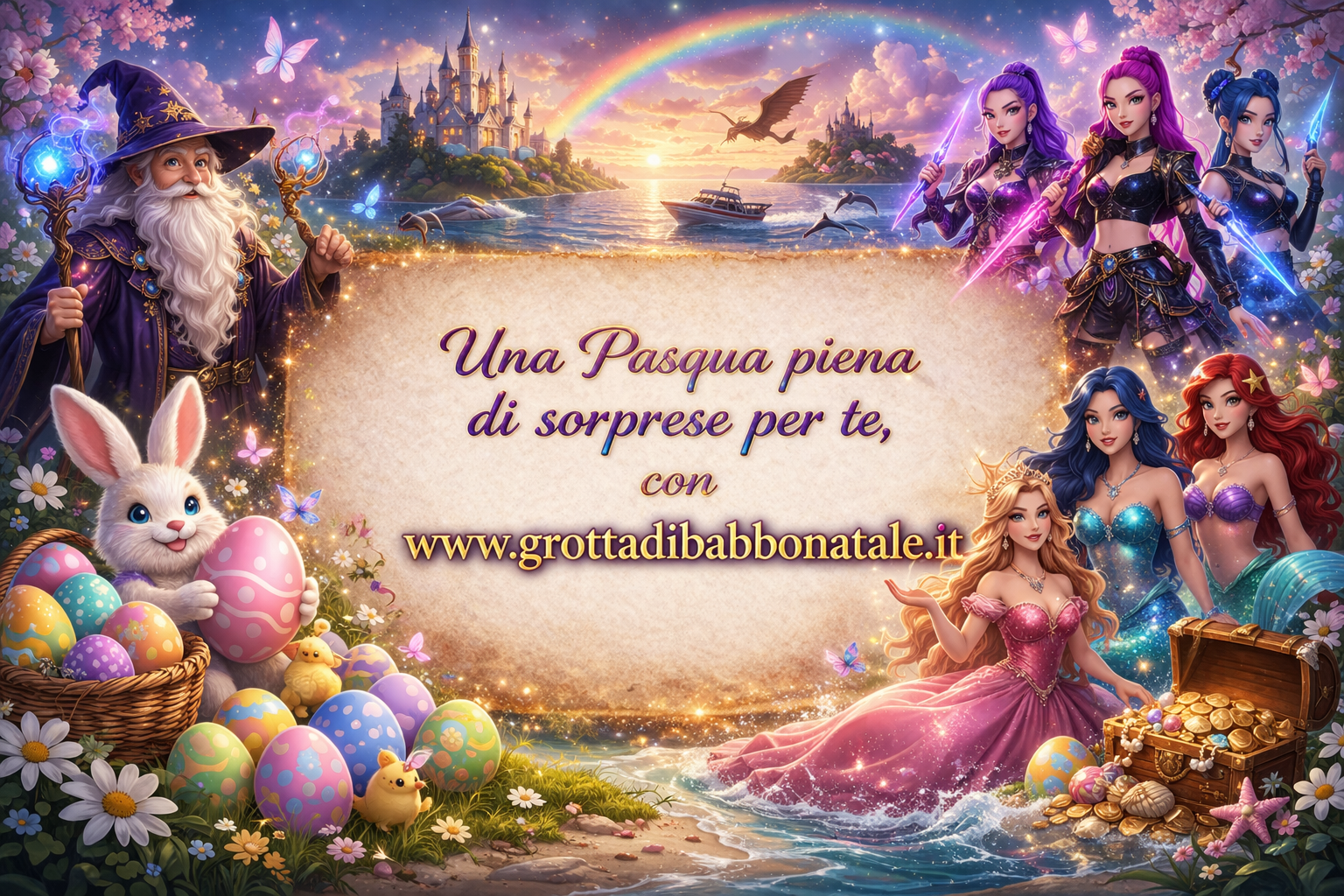 Biglietto di auguri pasquale a tema fantasy con un mago, un coniglietto pasquale e personaggi mitologici che ruotano attorno a un messaggio centrale.
