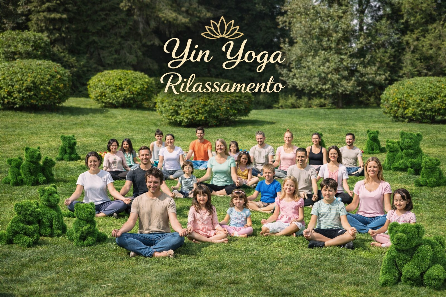 Gruppo di persone sedute nella posizione del loto sull'erba per praticare Yin Yoga. Sono circondate da orsacchiotti verdi.