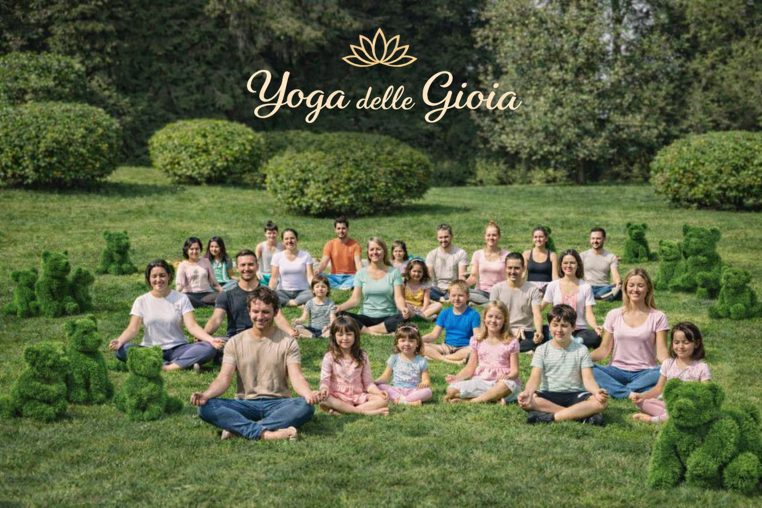 Gruppo di persone sedute nella posizione del loto sull'erba per praticare Yin Yoga. Sono circondate da orsacchiotti verdi.