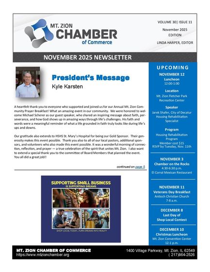 A february 2015 newsletter from mt. zion chamber of commerce