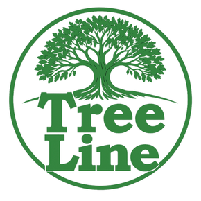 A green and white sign that says tree line