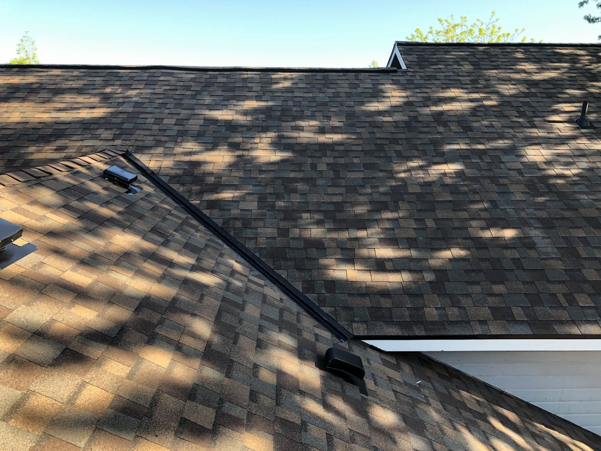 Close-up of a shingle roof with a black metal flashing, sunny with tree shadows.