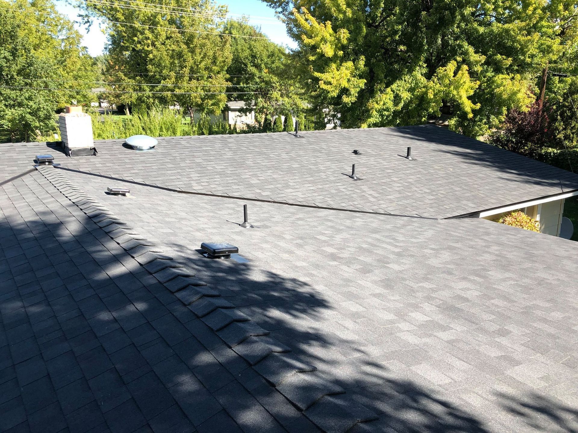 Black asphalt shingle roof with vents and a chimney, trees in the background.