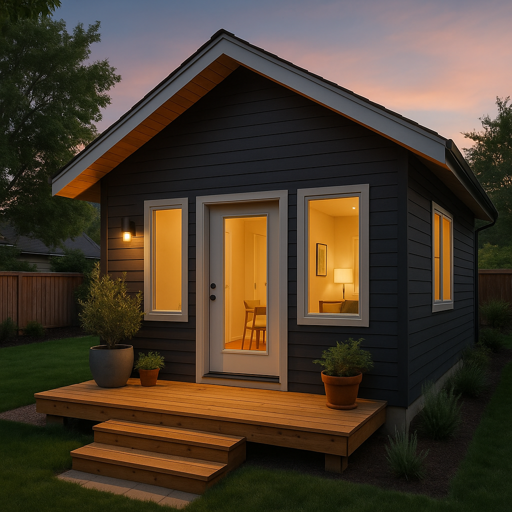 Construction of a wooden building; a worker on the roof; sunny outdoor setting.