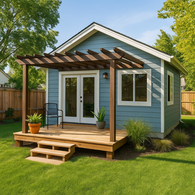 House with beige siding, a black roof, and a green lawn on a sunny day.