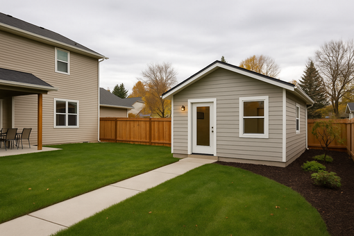 Modern two-story home behind a black fence. The home has gray and wood paneling. The address plate says 3571.
