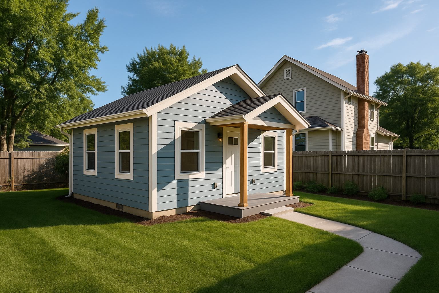 Blue house with red door, white trim, and a walkway through the green yard.