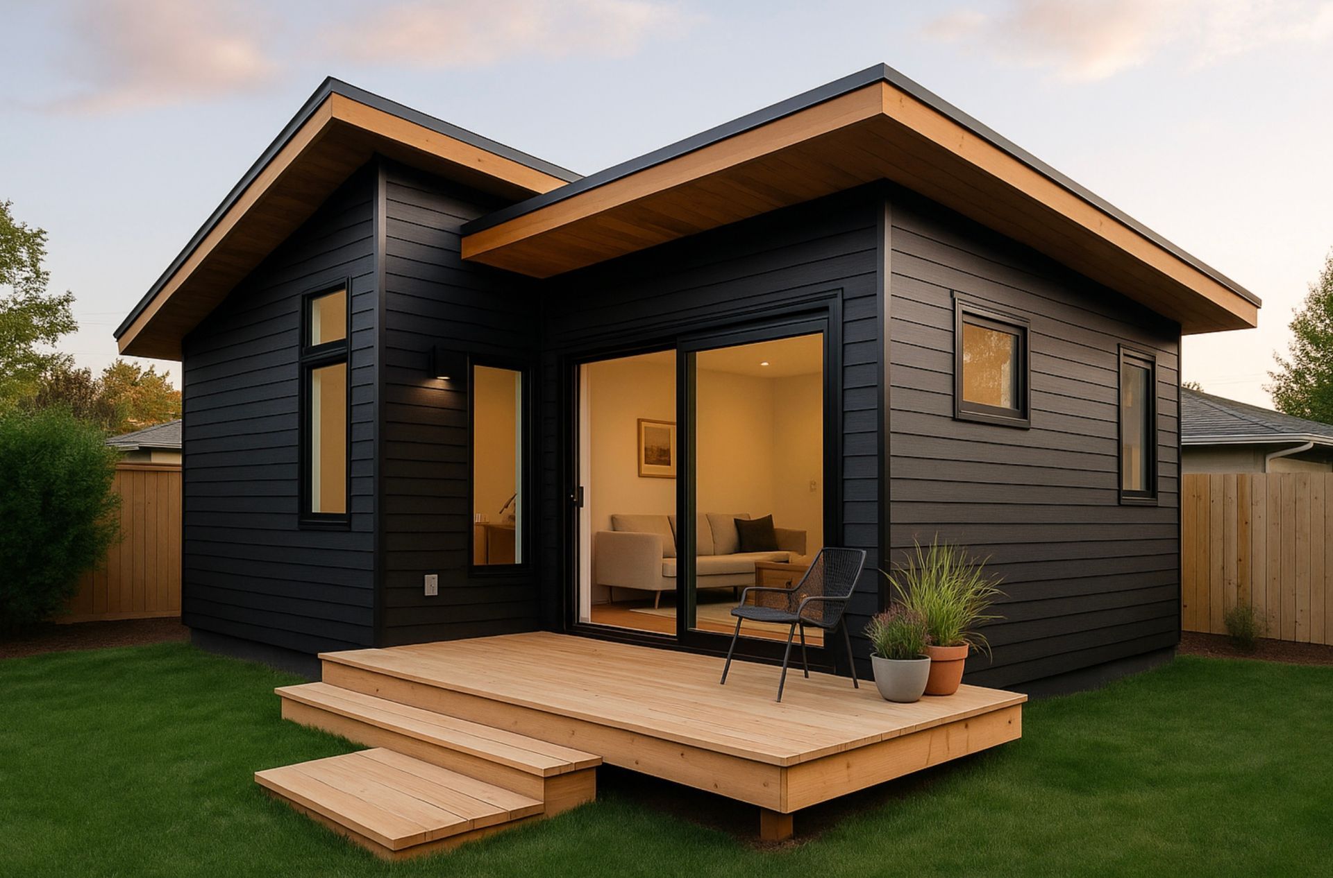Small teal house with brown porch posts, gray roof, and gravel yard against a blue sky.