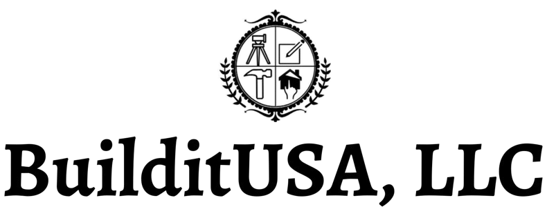 Logo for BuilditUSA, LLC, featuring a crest with construction tools and a house icon.