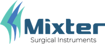 O logotipo dos instrumentos cirúrgicos Mixter é azul e verde.