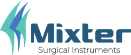 O logotipo dos instrumentos cirúrgicos Mixter é azul e verde.