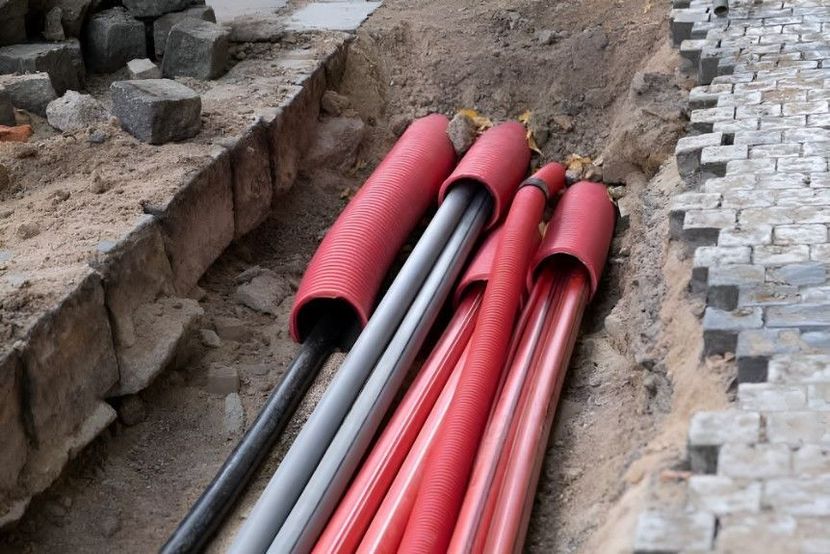Parking lot with orange traffic cones, curb, and sunlit background of hills and sky.
