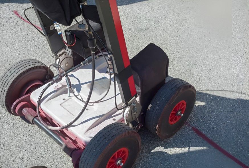 Orange utility tool next to a small hole dug in grass near a brick border.
