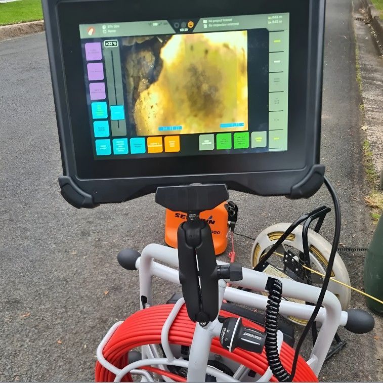 Inspection camera screen displaying a pipe interior, mounted on a cart with a red cable reel, outdoors on asphalt.