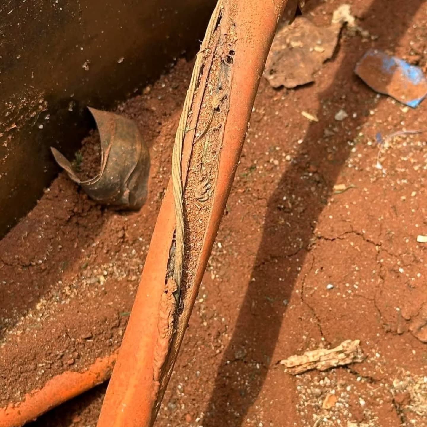 Damaged orange electrical conduit buried in reddish soil, with exposed inner wires.