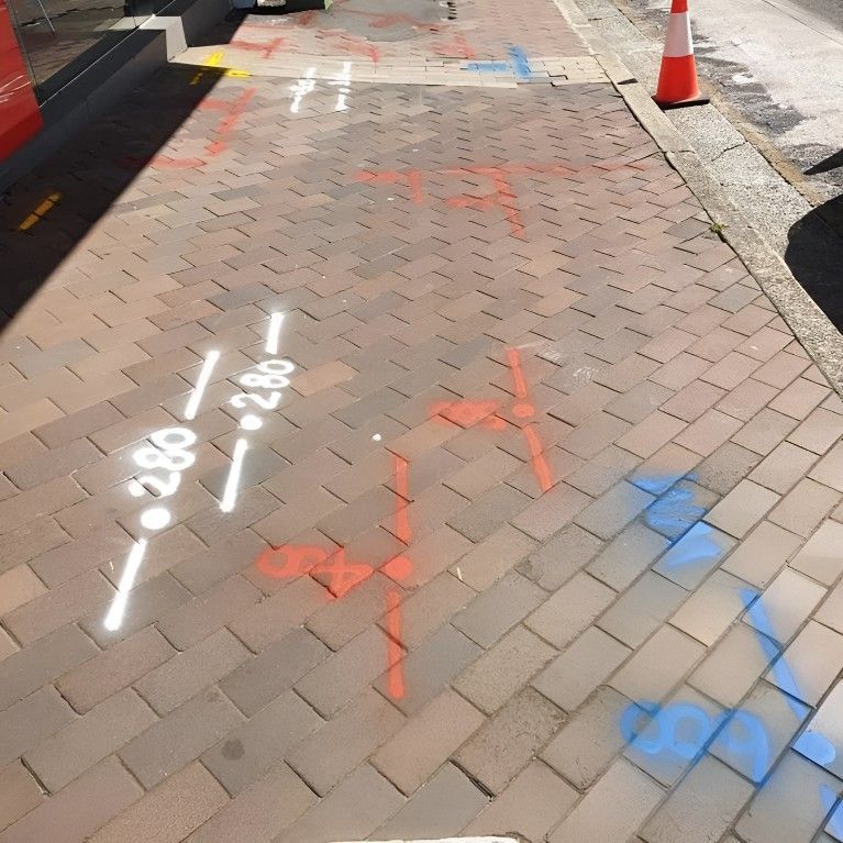 Person using an orange and black tool on the ground, wearing an orange safety vest, and black work boots.