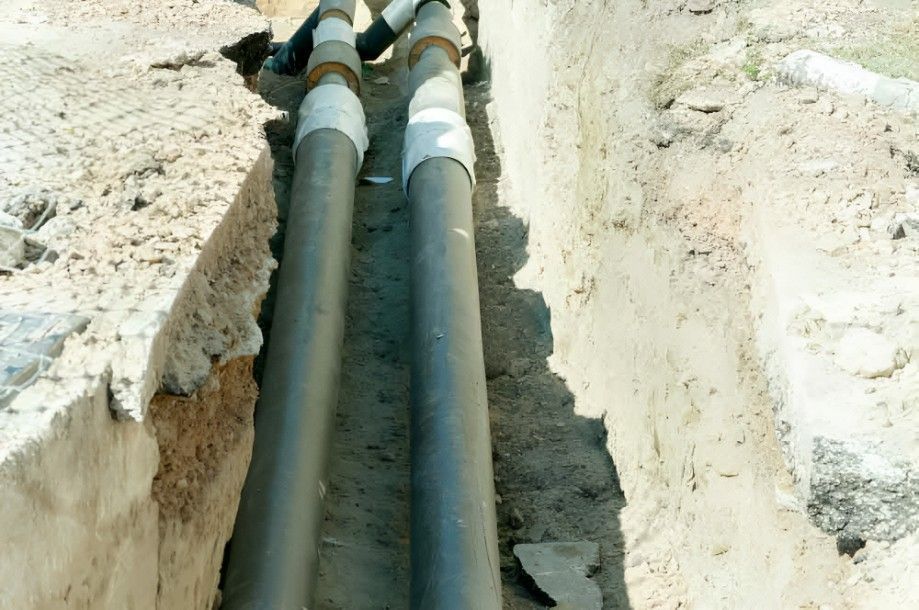 Two gray pipes lying in a narrow trench.