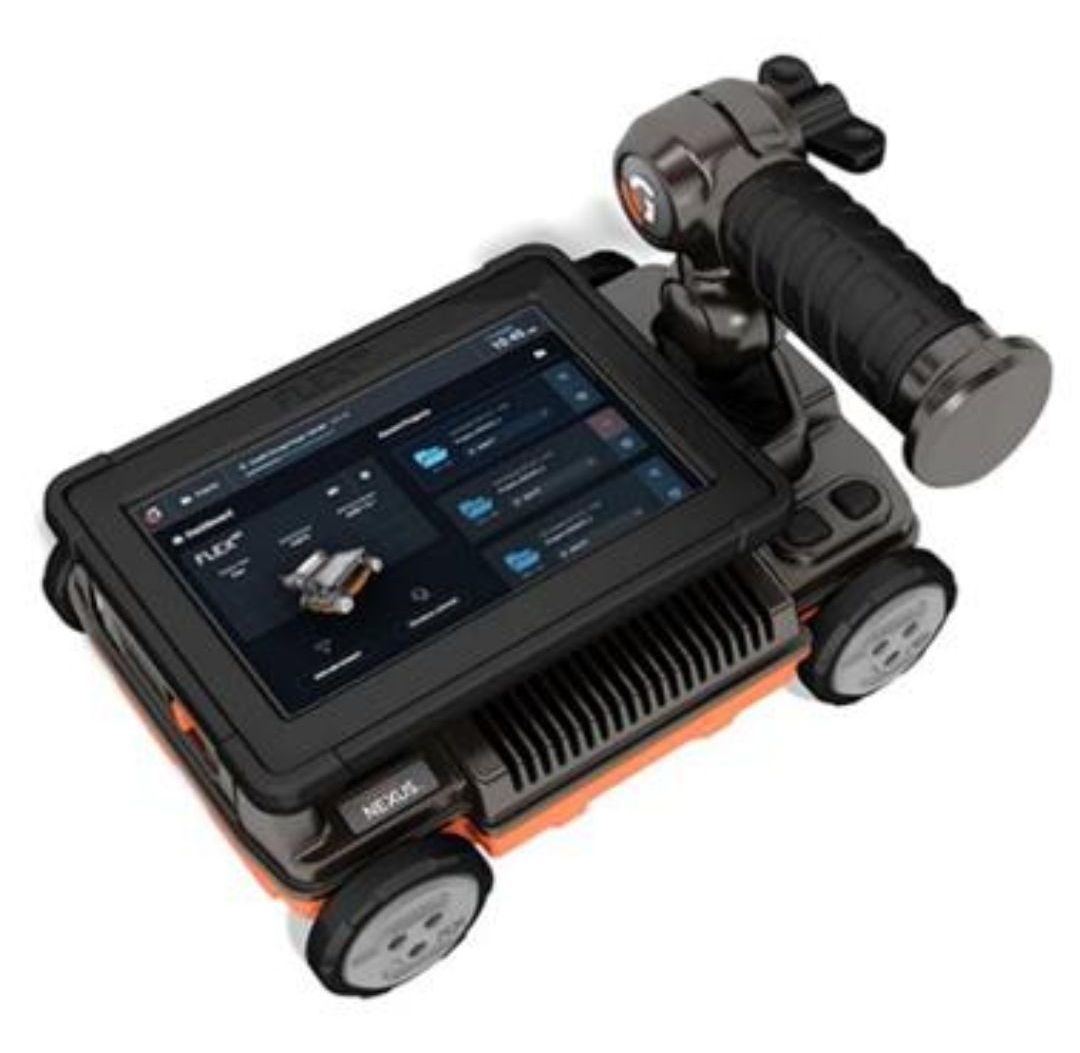 Orange and black robotic device with touchscreen, handle, and wheels; likely for industrial use.