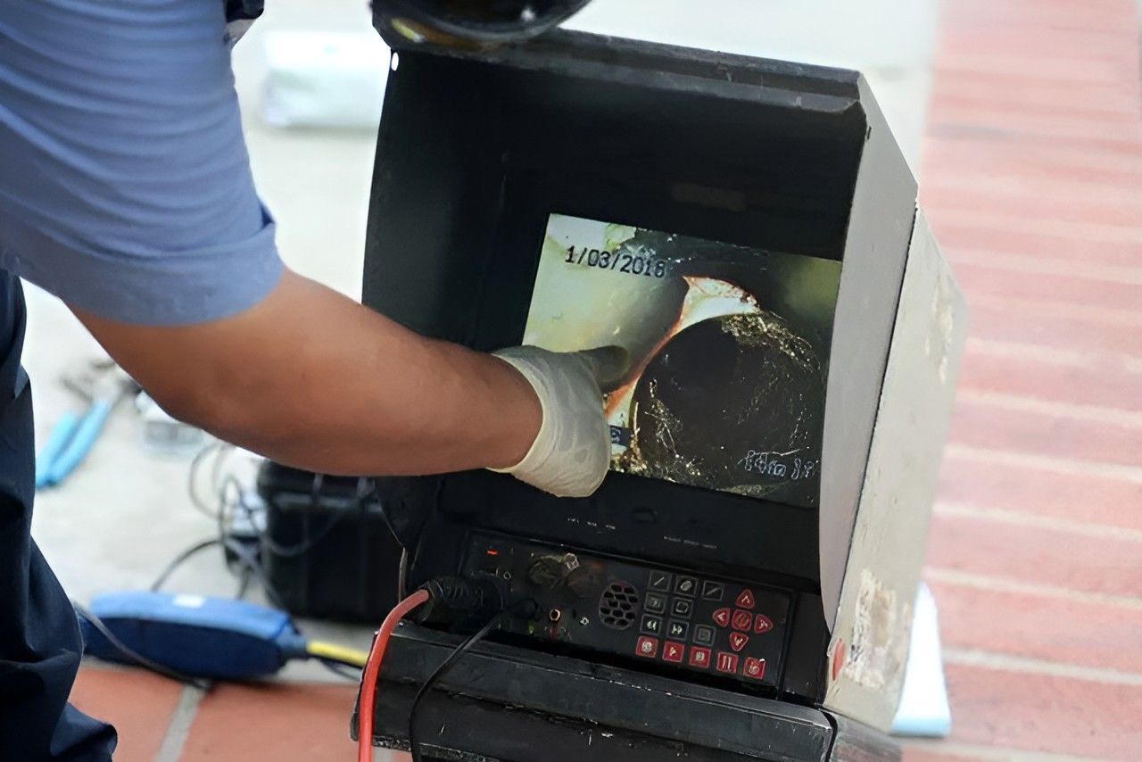 Person inspecting a sewer line using a camera inside a black box on a brick surface.