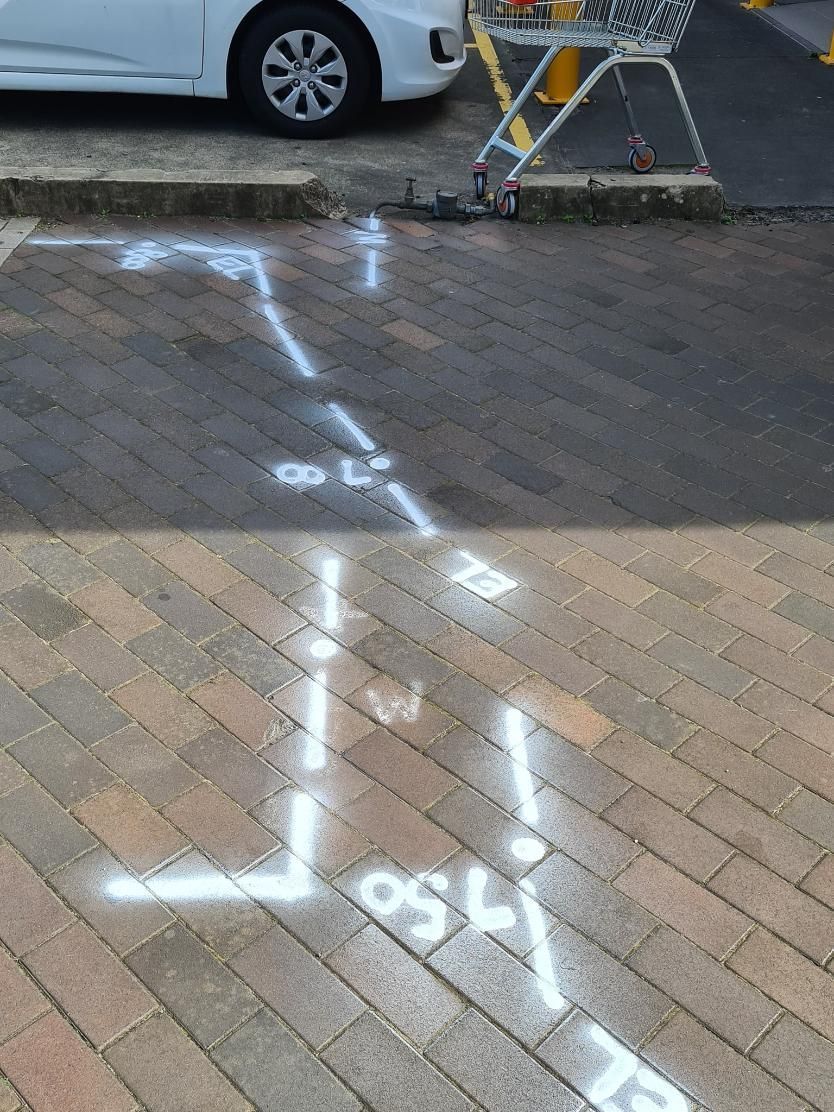 White spray-painted markings on brick pavement, likely for utility line location. A white car and shopping cart are nearby.