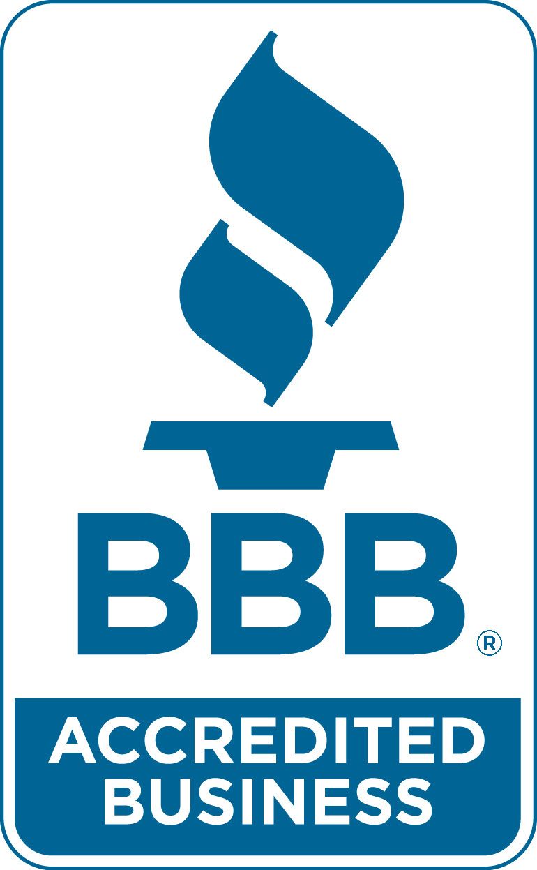 A blue and white bbb accredited business logo
