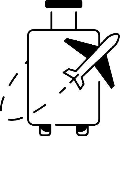 A black and white drawing of a suitcase with an airplane flying over it.