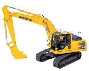 A yellow komatsu excavator is on a white background.