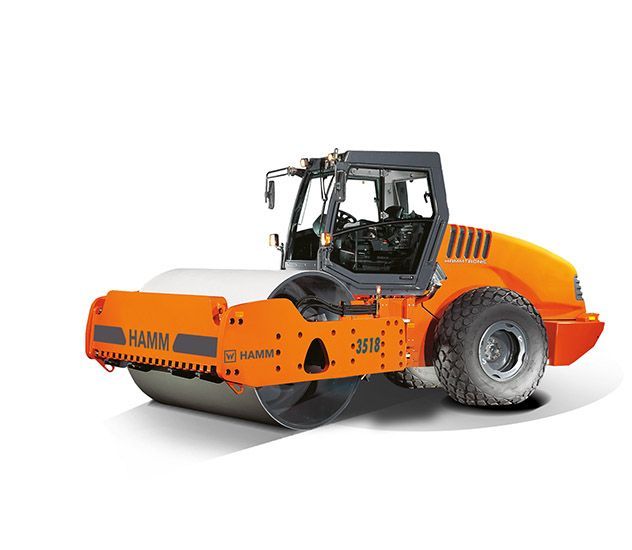 A large orange and gray road roller on a white background.