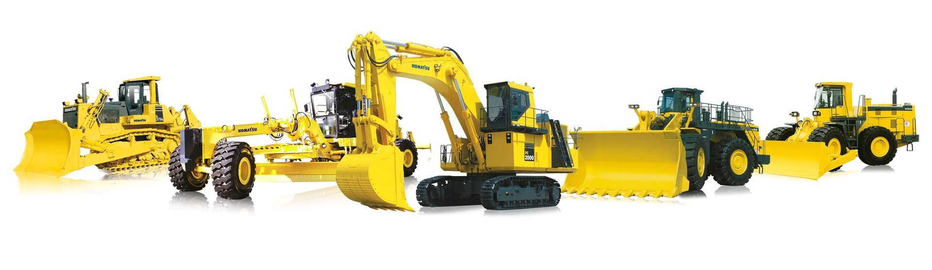 A group of yellow construction vehicles are lined up in a row on a white background.