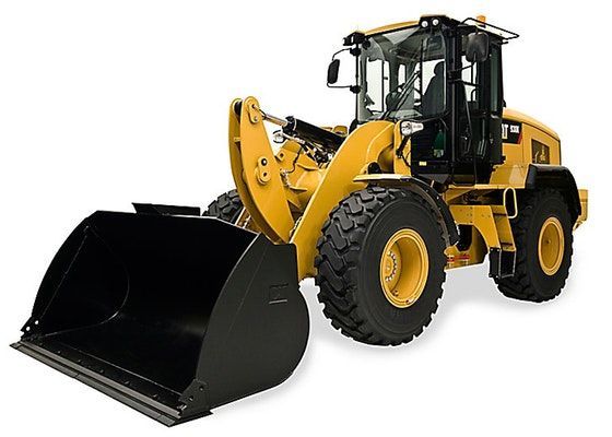 A yellow wheel loader with a black bucket on a white background
