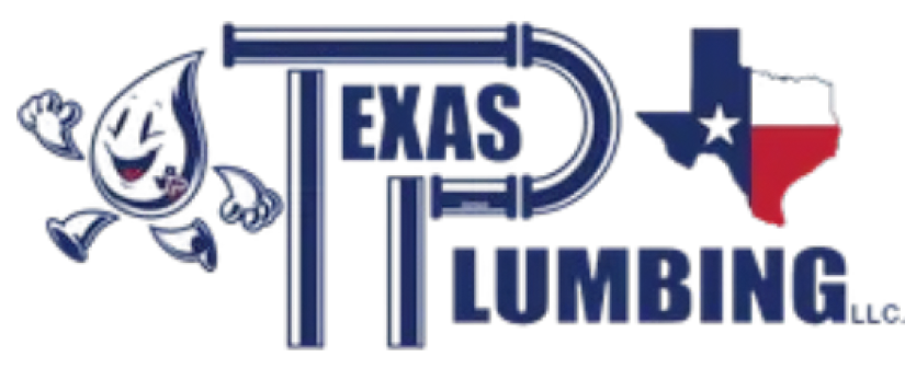 A logo for Texas Plumbing LLC with a water drop and a texas flag