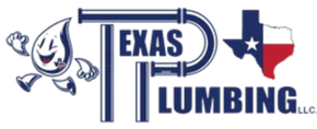 A logo for Texas Plumbing LLC with a water drop and a texas flag