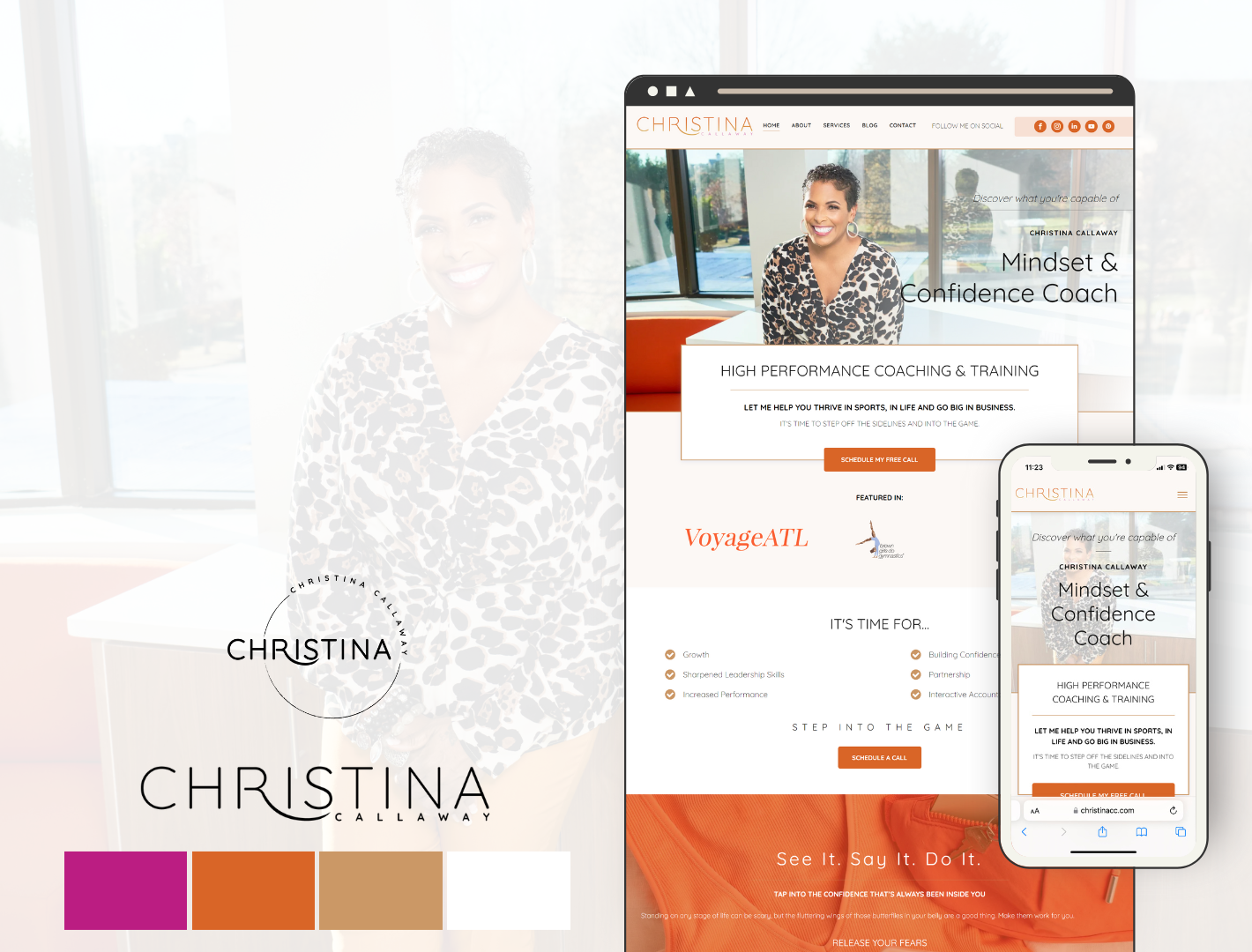 A visually appealing personal coaching website designed by Shayla Bre, featuring bold colors and intuitive navigation.
