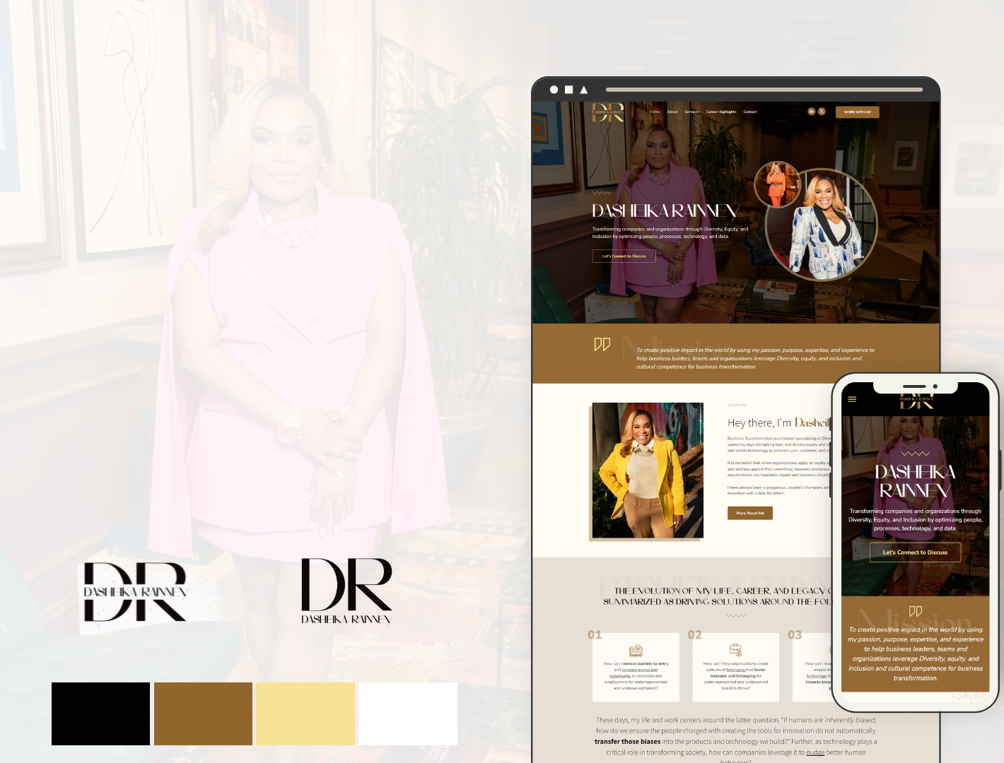 A professional brand collateral set crafted by Shayla Bre, highlighting her primary and secondary logo designs and her website for a women-owned company.