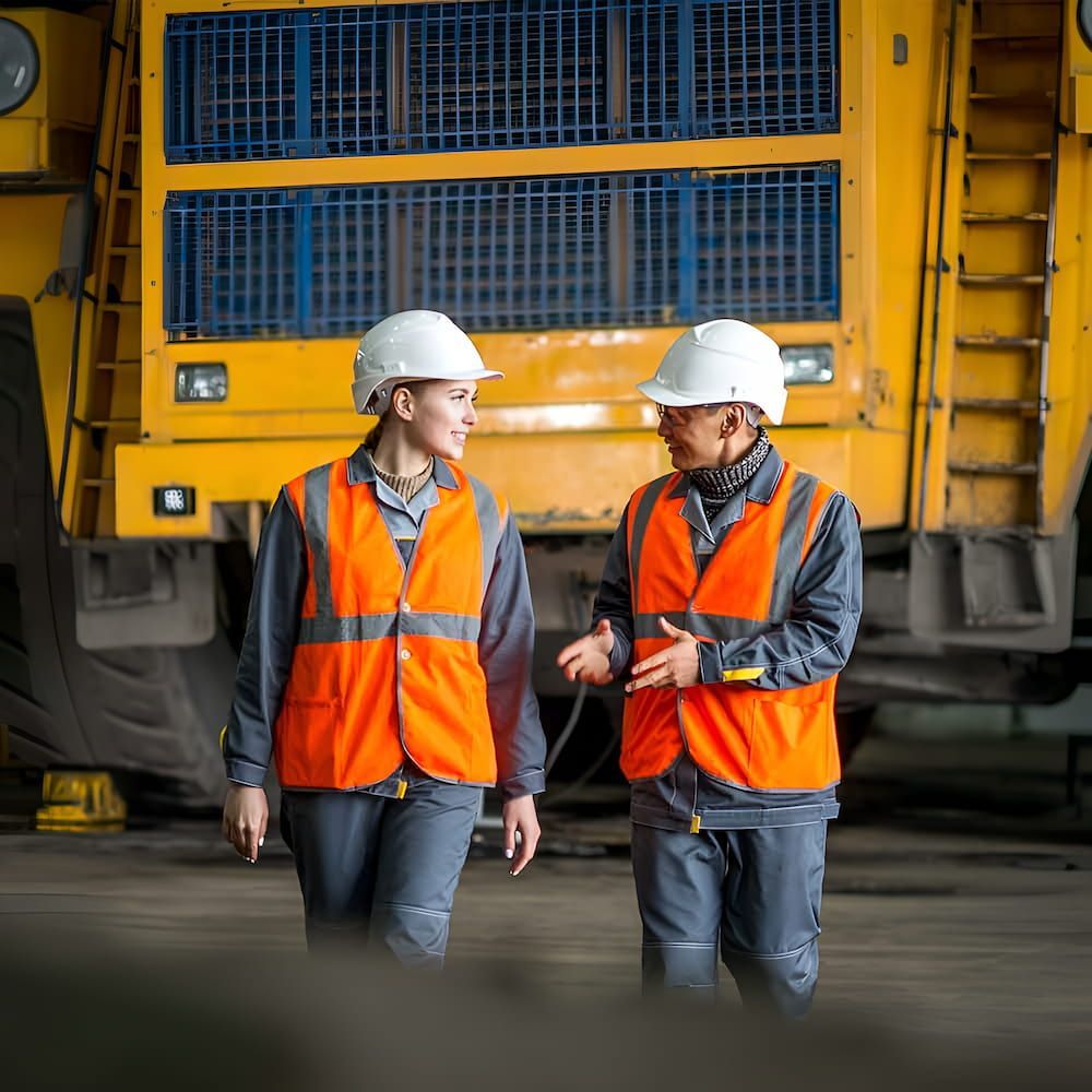 A Man And A Woman Are Standing Next To Each Other In Front Of A Yellow Dump Truck — Successful Resumes in Wonga Beach, QLD