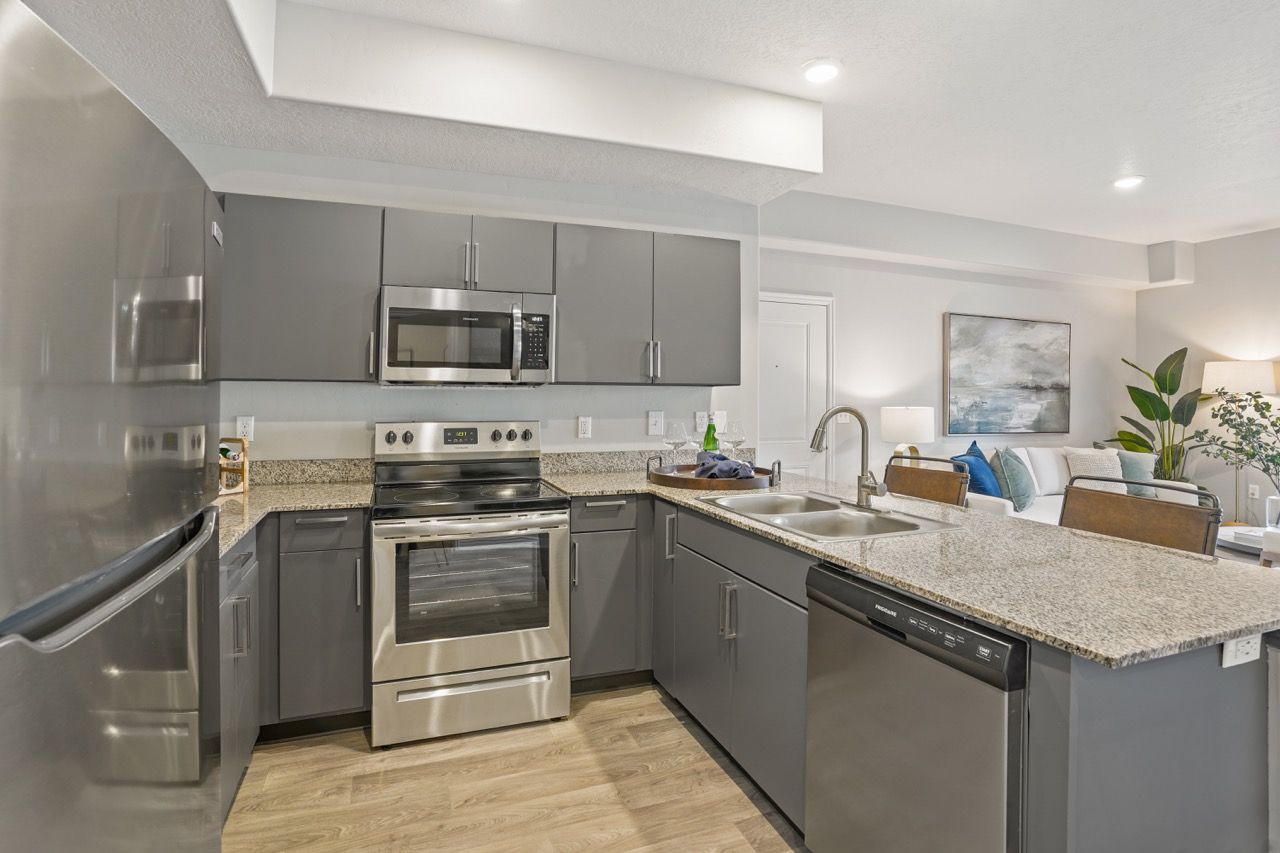 Modern gray kitchen with stainless steel appliances, granite countertops, and a double sink.