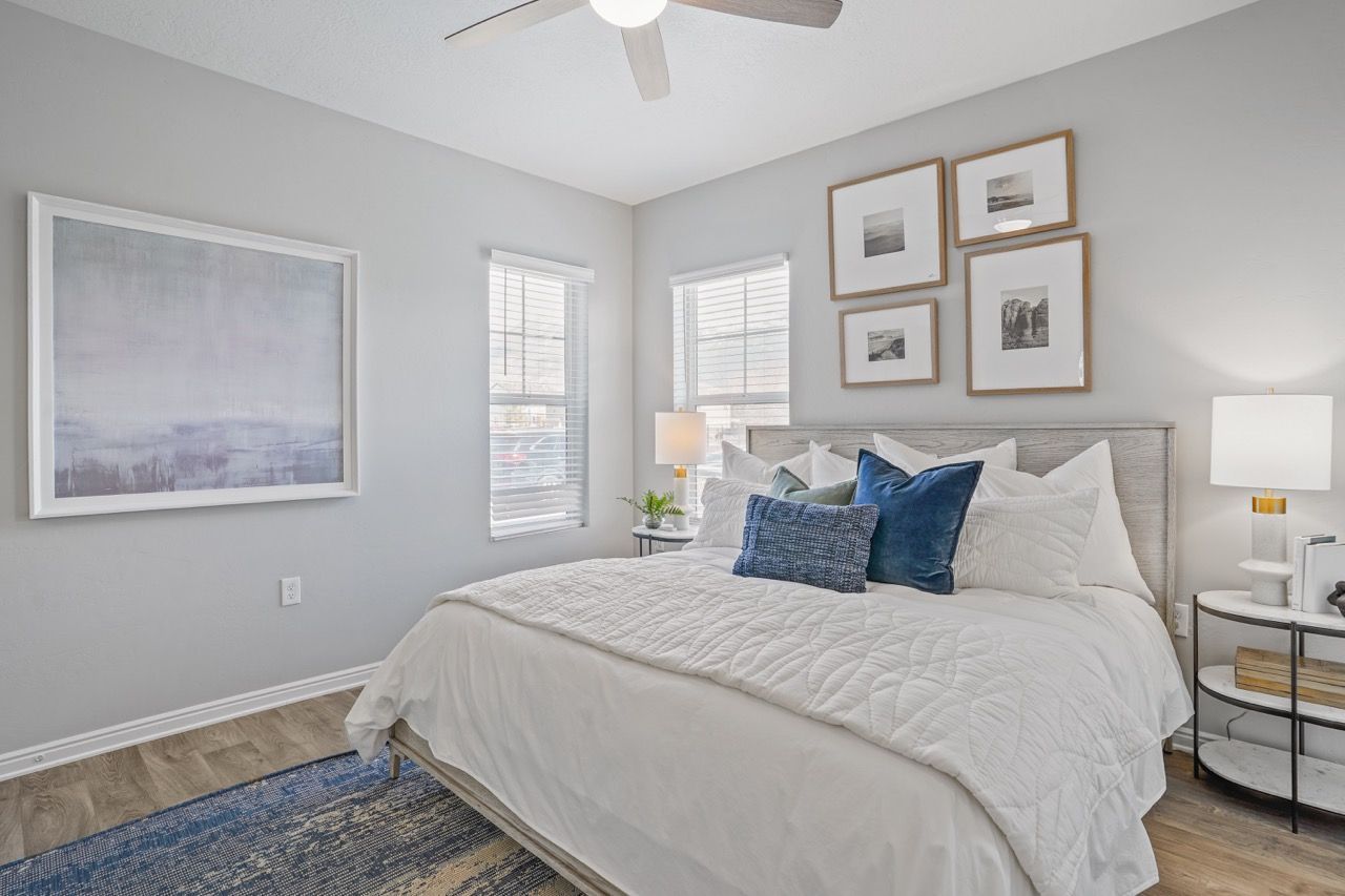 Bedroom in an apartment with a neatly made bed, gray walls, two windows, and framed art.