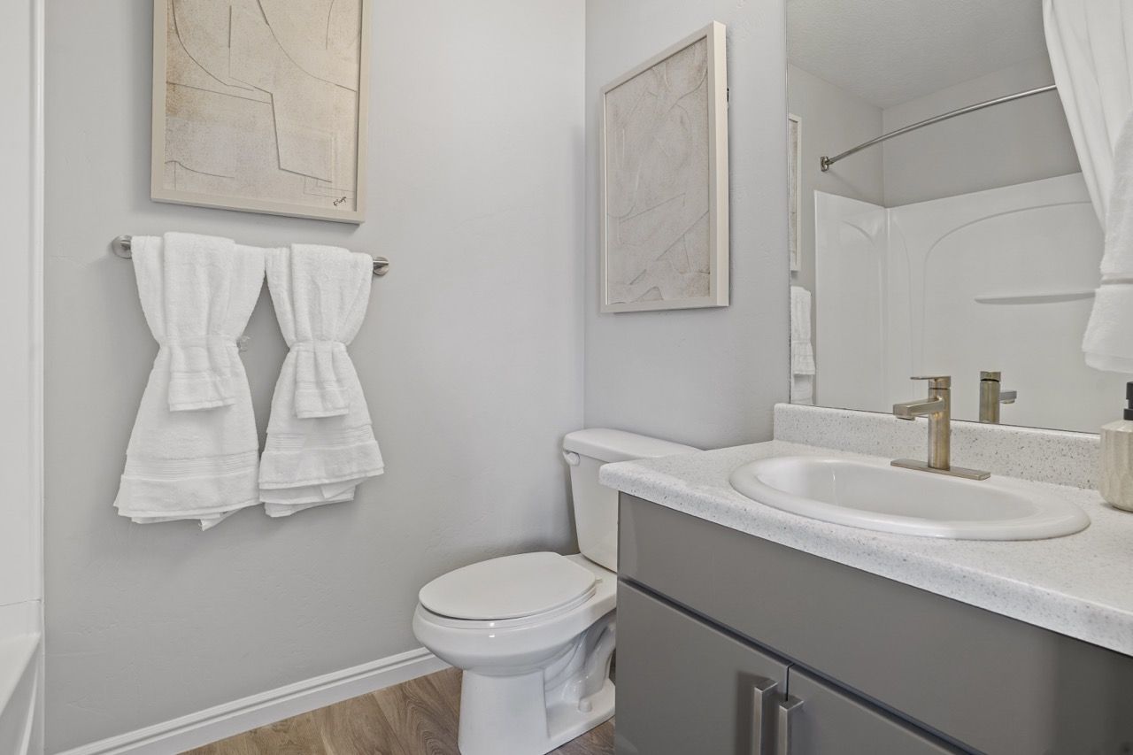 Bathroom in an apartment with a vanity, sink, toilet, and shower.