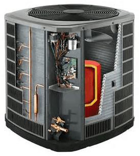 Cutaway view of an air conditioning unit, showing internal components like coils, fan, and electrical wiring.