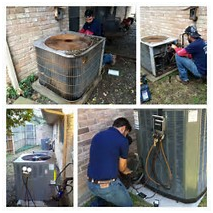 Multiple photos show HVAC technicians repairing air conditioning units outside buildings.