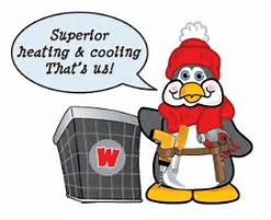 Cartoon penguin wearing a winter hat and scarf, next to a heating/cooling unit, saying 