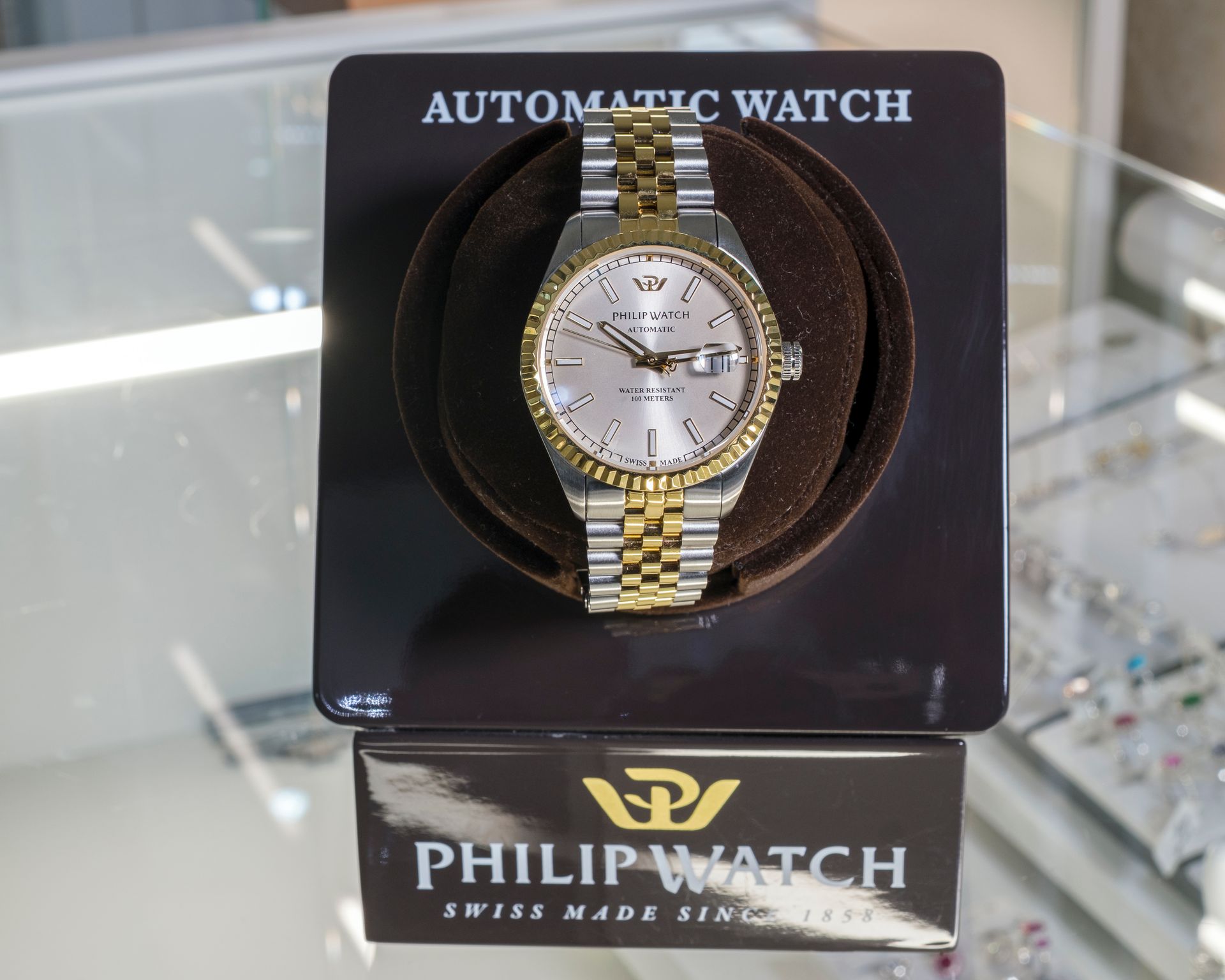 Un orologio da polso automatico Philip Watch esposto su un supporto marrone e una base nera.