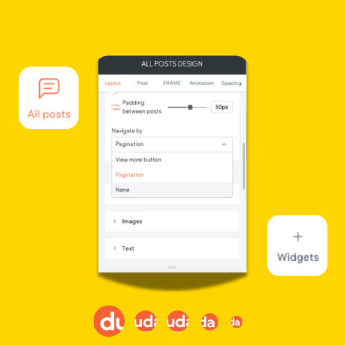 A cell phone with a screen that says all posts design on it.