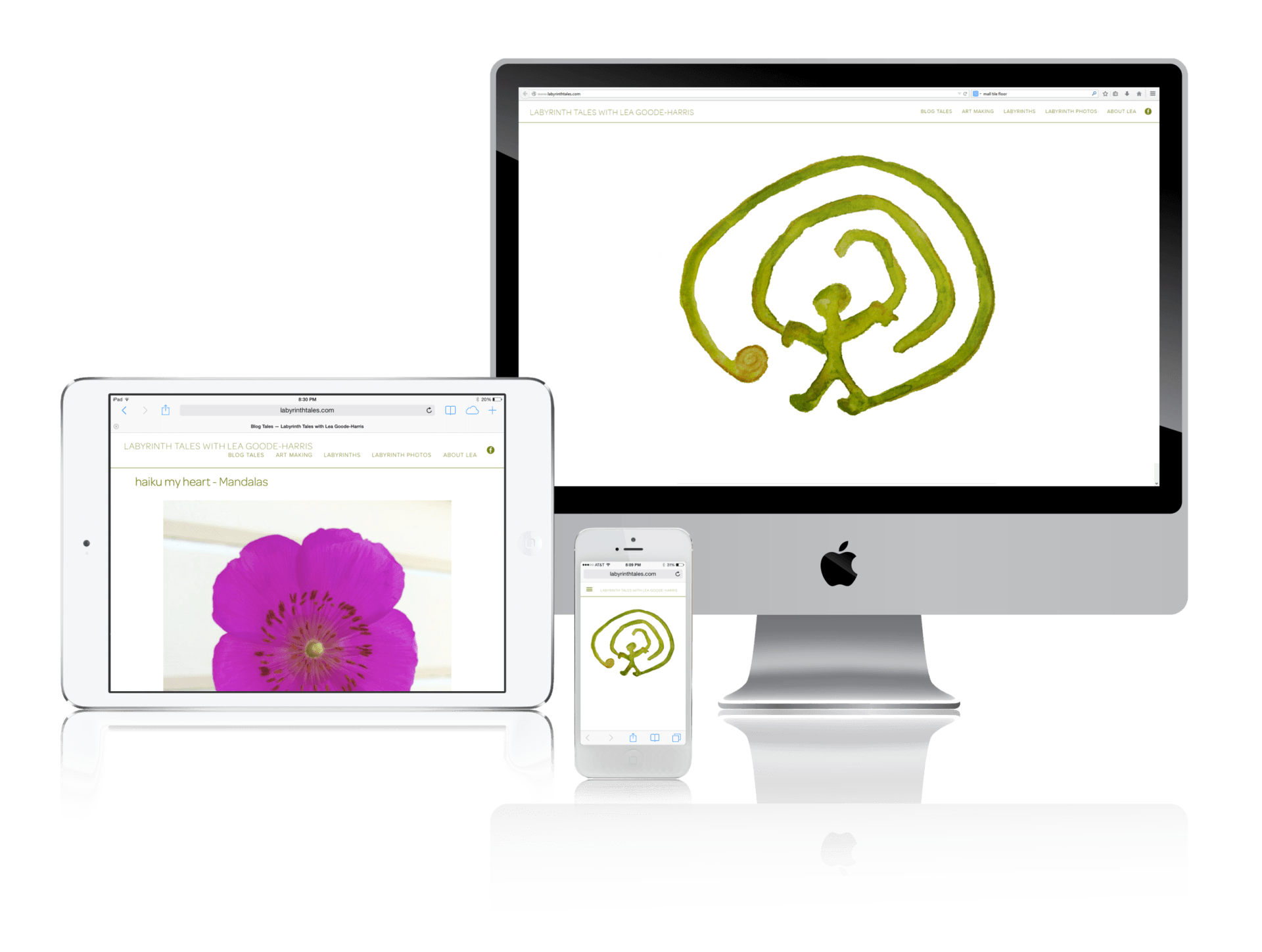 A computer , tablet , and cell phone with a purple flower on the screen.