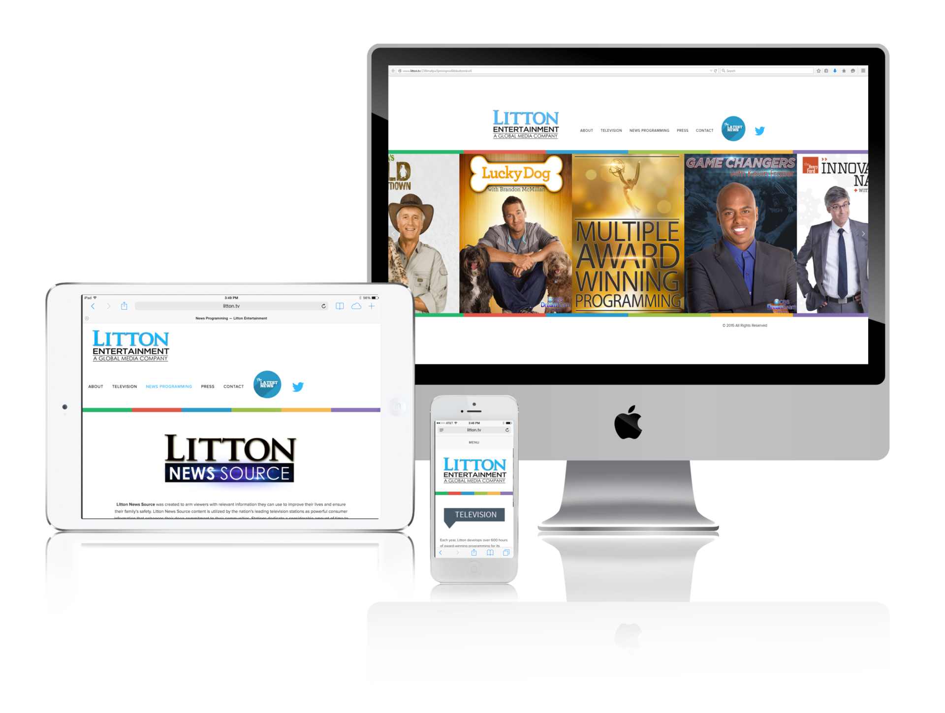 A computer , tablet , and cell phone are displaying a website.