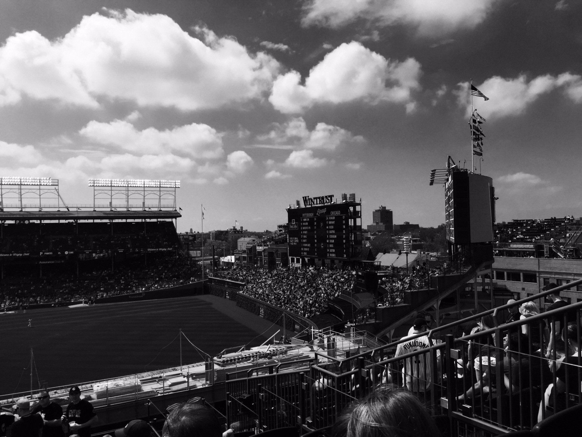 A black and white photo of a baseball stadium