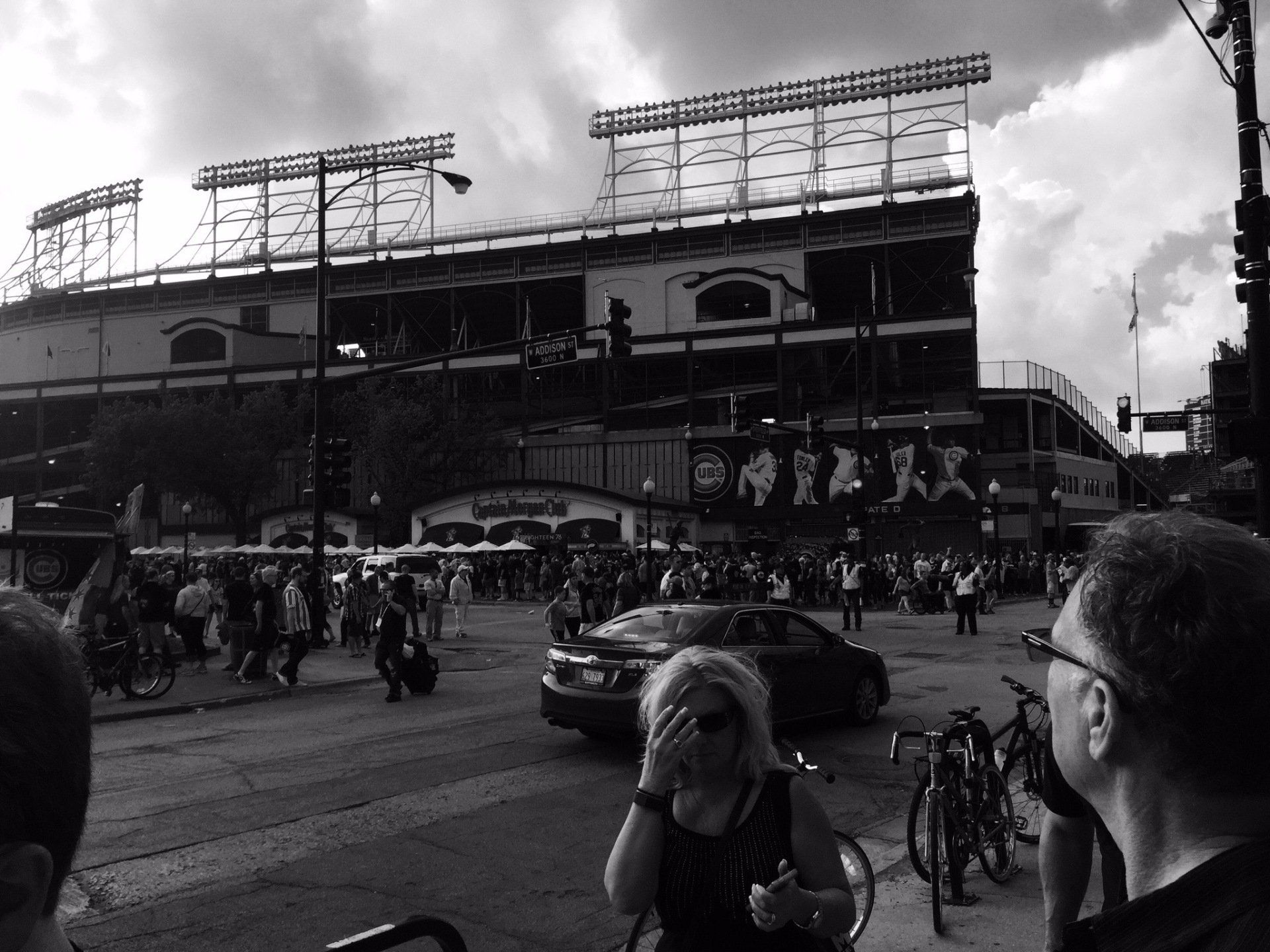 A black and white photo of a baseball stadium