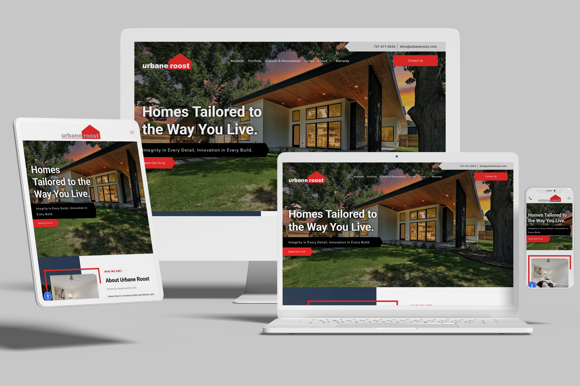 Website design displayed on various devices: a modern home with text “Homes Tailored”.