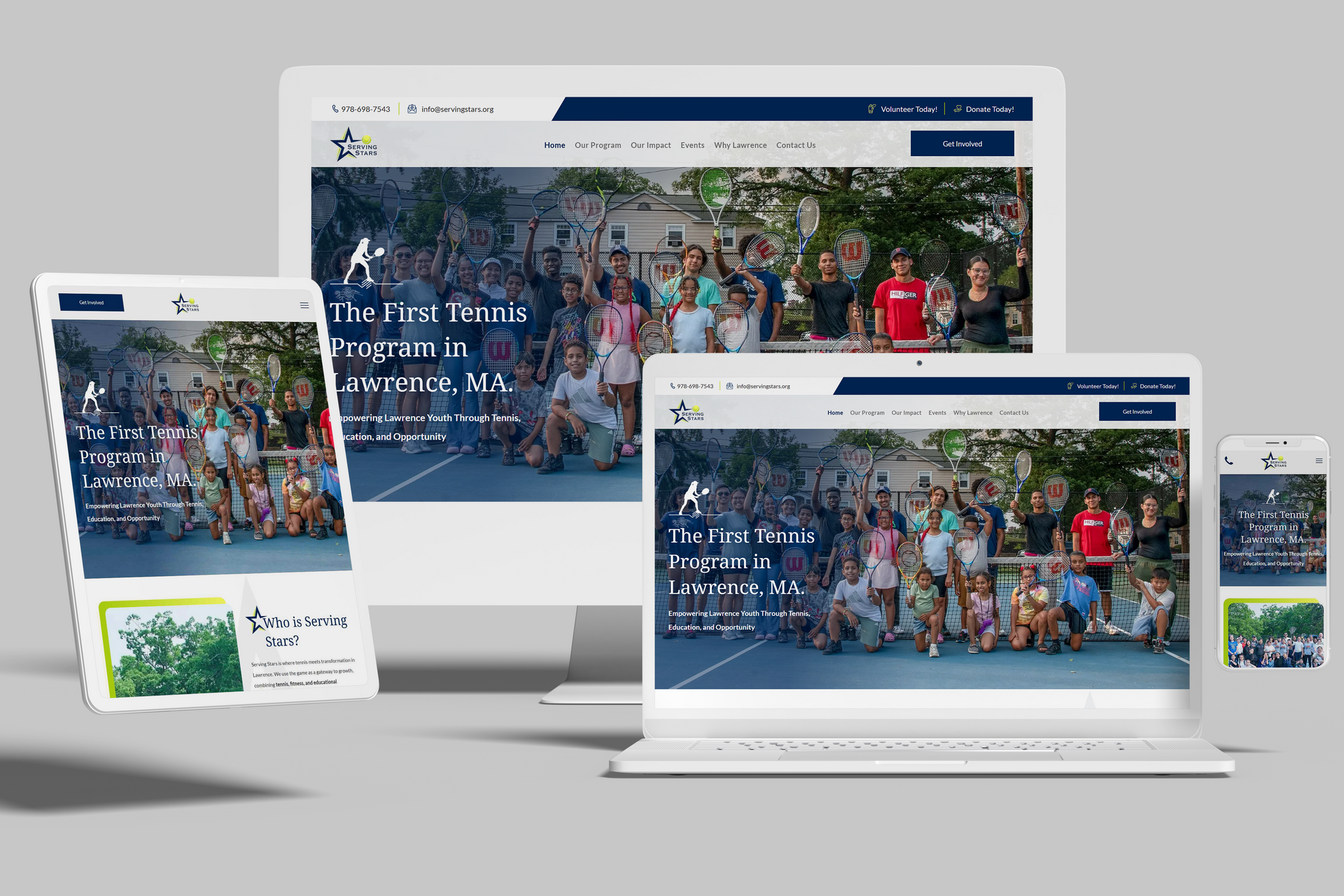 Website design showcasing the First Tennis Program on multiple devices: desktop, tablet, and smartphone.